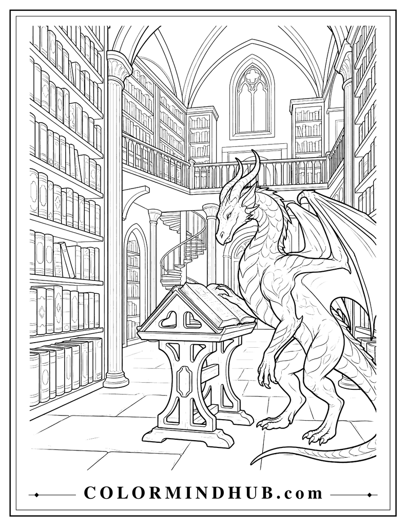 Mature dragon standing inside an ancient library while examining a large open book, surrounded by tall bookshelves and fantasy architecture.