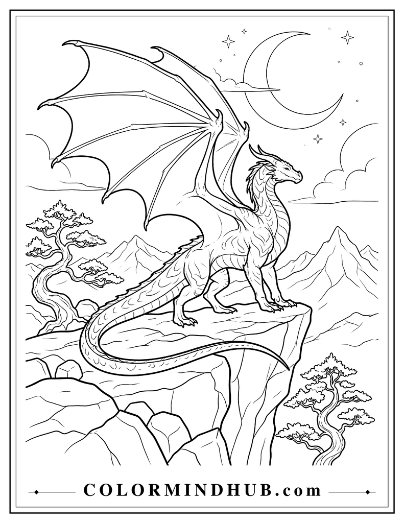 Powerful adult dragon standing on a rocky cliff with partially spread wings beneath a large crescent moon, with distant mountains and clouds, dramatic fantasy coloring page