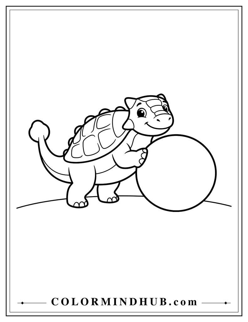 Happy Ankylosaurus gently pushing a large round ball with its rounded body