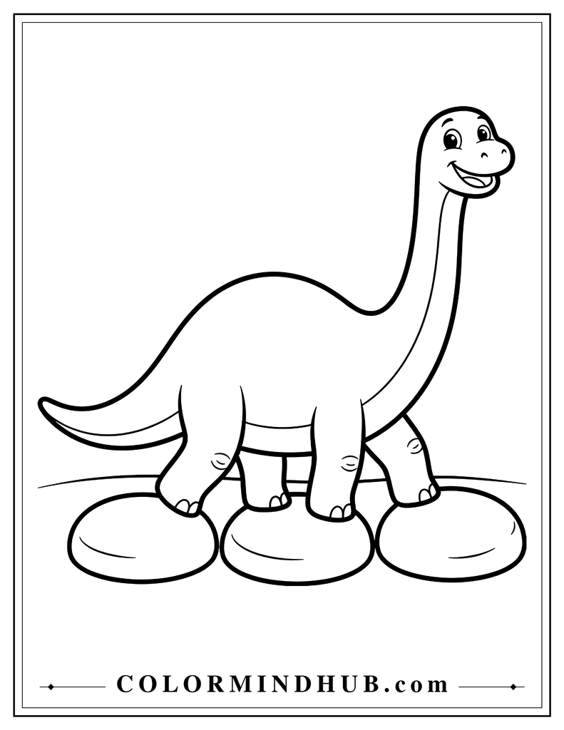 Cheerful Apatosaurus walking across three large round stepping stones
