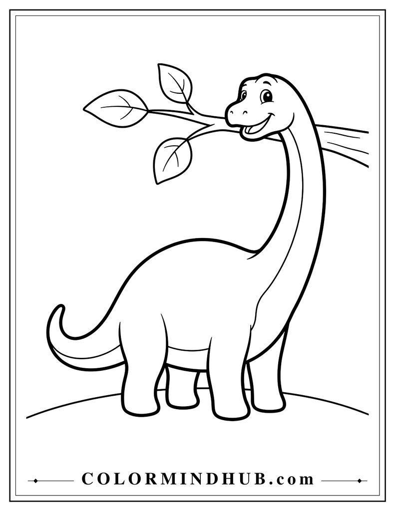 Brachiosaurus stretching its long neck toward three large leaves on a low branch