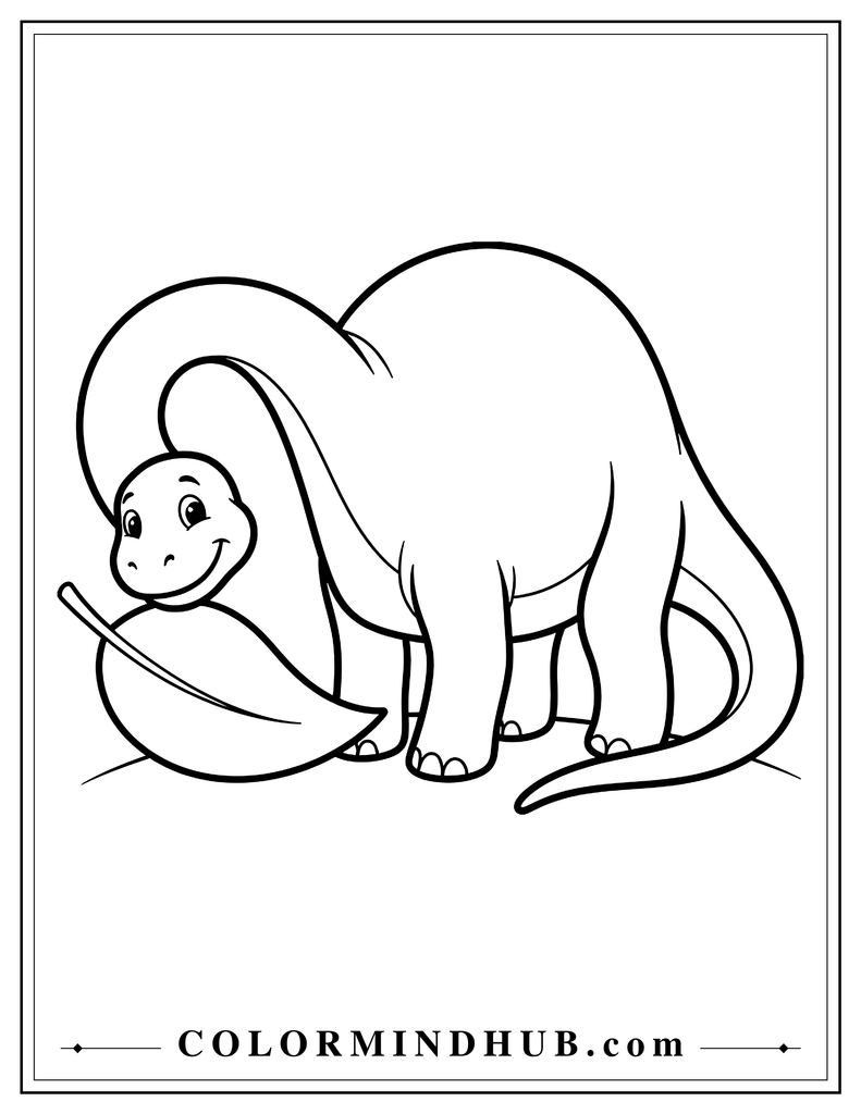 Friendly Diplodocus bending its long neck down to eat a large leaf