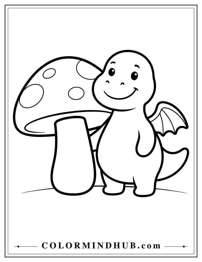 Simple smiling dragon standing beside a large mushroom with a basic rounded body and simple wings, easy-to-color printable dragon coloring page