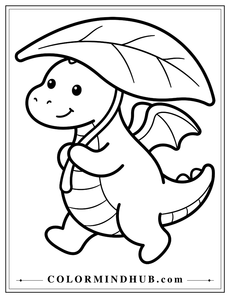 Simple dragon walking while carrying one oversized leaf, with a basic rounded body and large open shapes, easy printable dragon coloring page