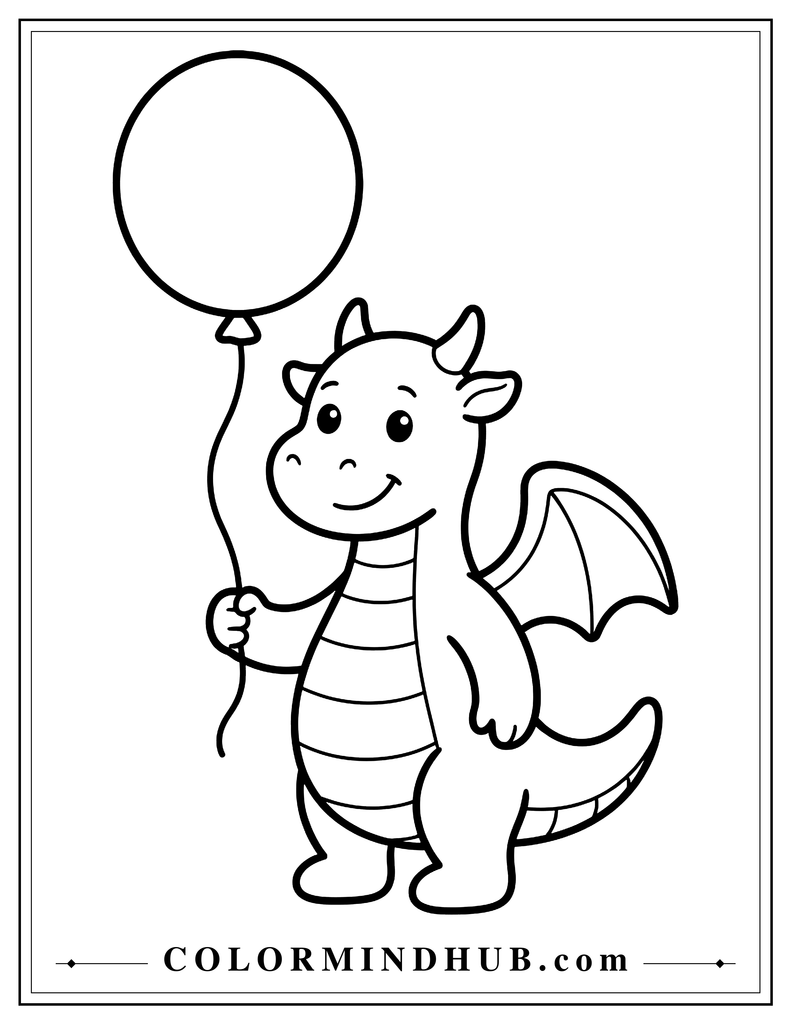 Simple friendly dragon standing and holding one large round balloon, with very thick outlines and large open shapes, easy dragon coloring page
