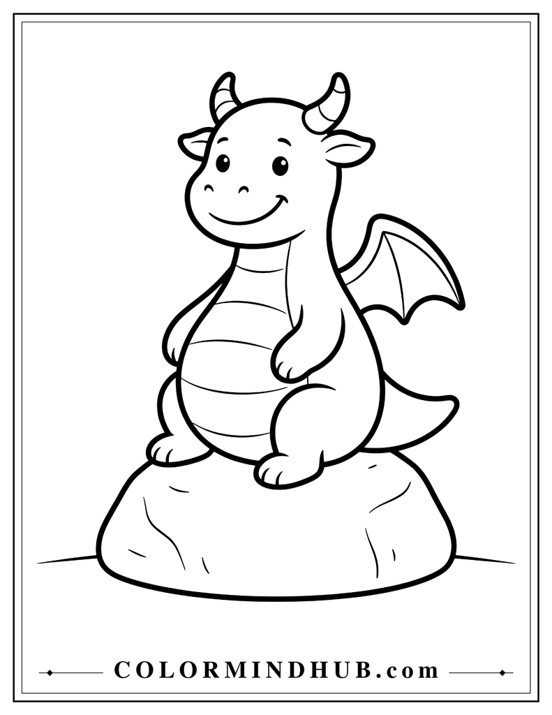 Simple friendly dragon sitting on a large rounded rock with basic wings, horns and a smiling face, large open coloring areas for an easy dragon coloring page.