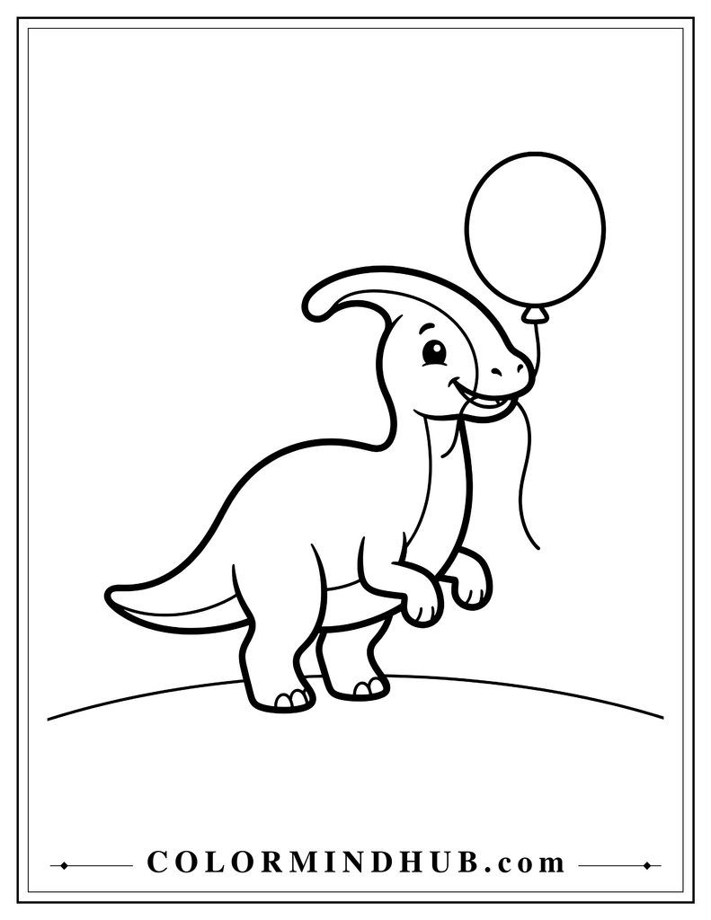 Cheerful Parasaurolophus holding a large round balloon with its mouth