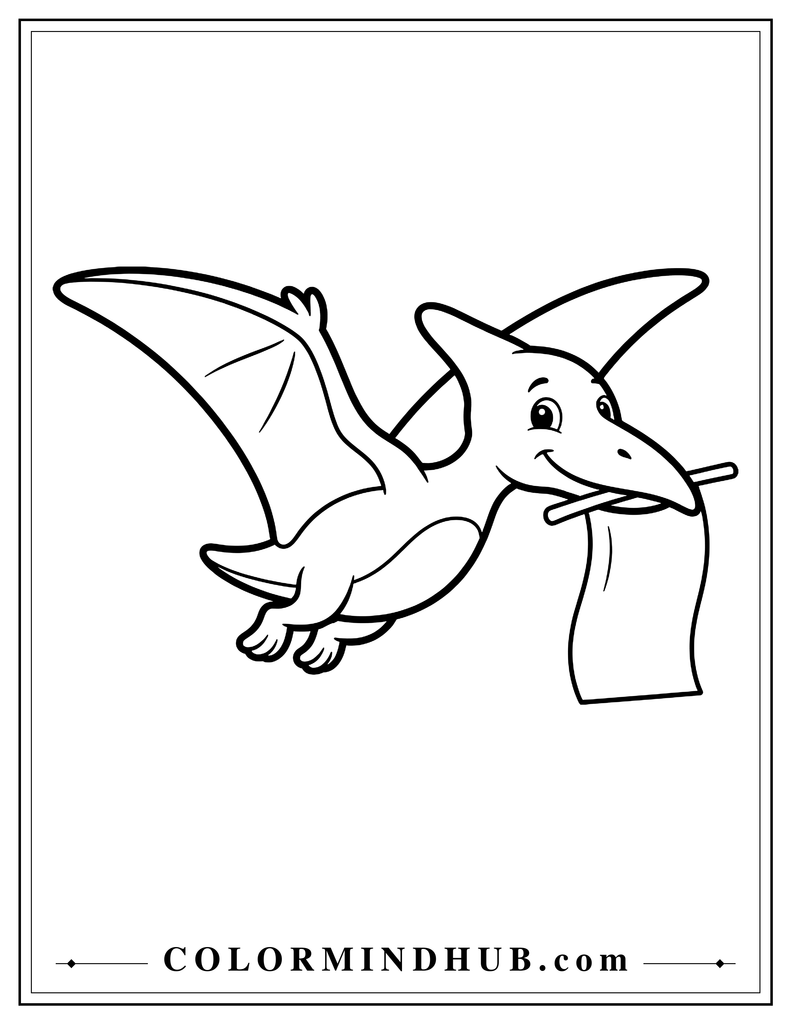 Friendly Pterodactyl flying through the air while carrying a small blank flag