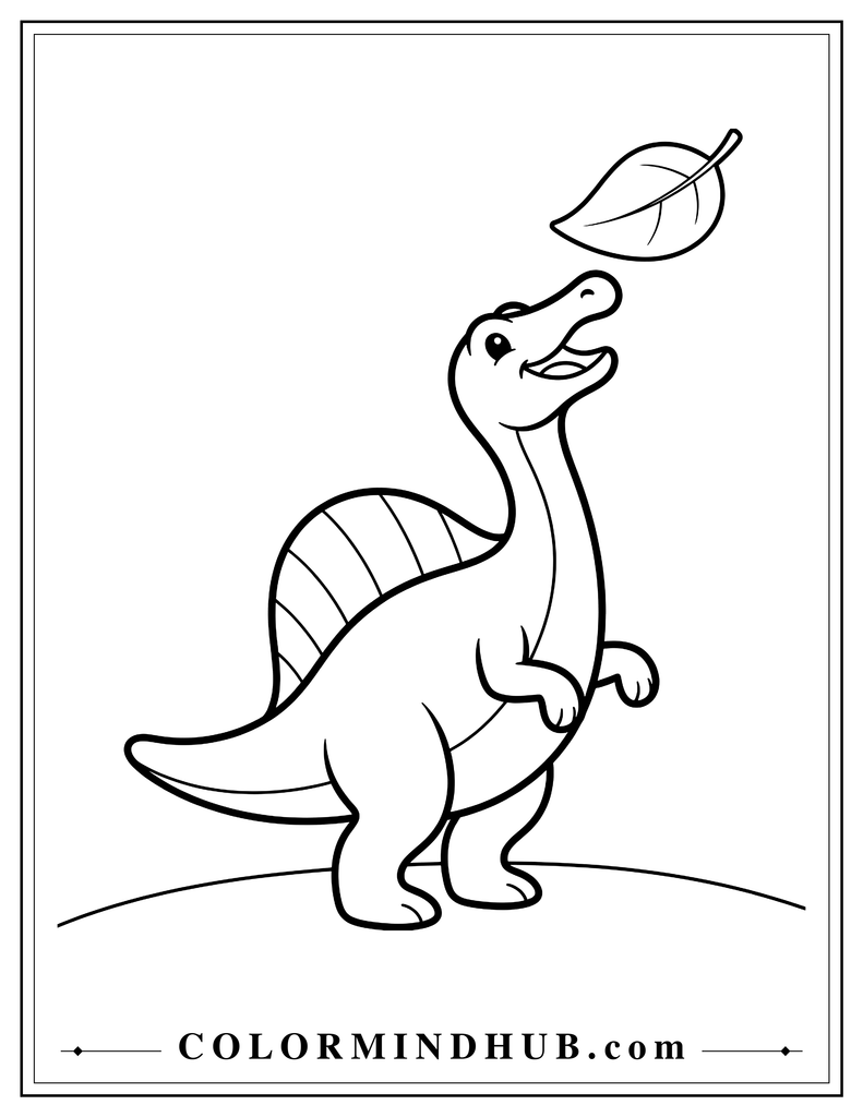 Playful Spinosaurus reaching upward toward a floating leaf with its tall back sail visible