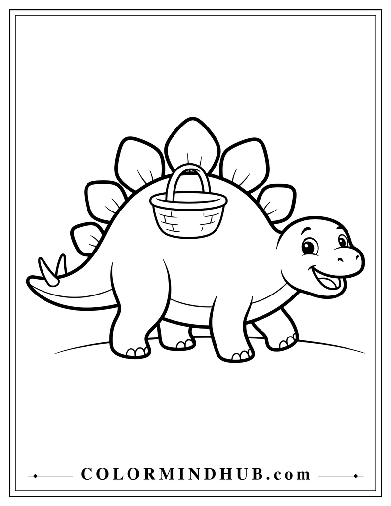 Friendly Stegosaurus walking with a small empty basket resting on its back