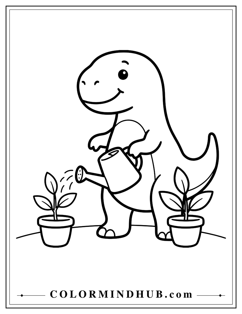 Friendly T-Rex gently watering a small plant with a simple watering can
