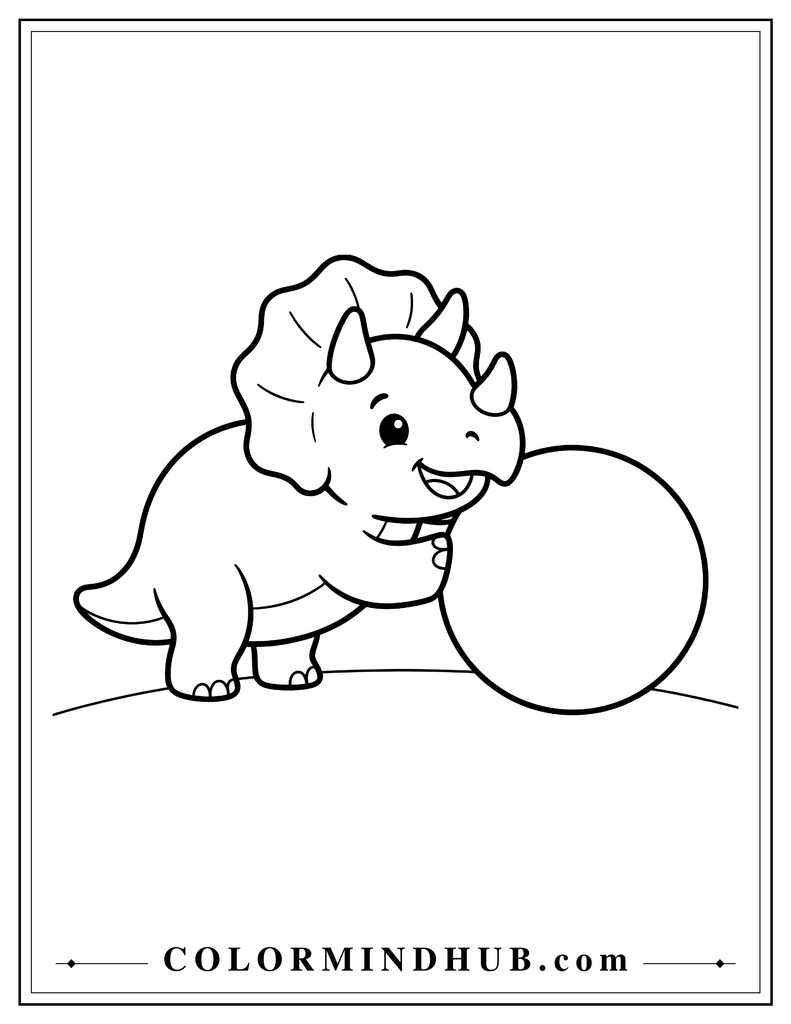 Cheerful Triceratops pushing a large round ball with its head
