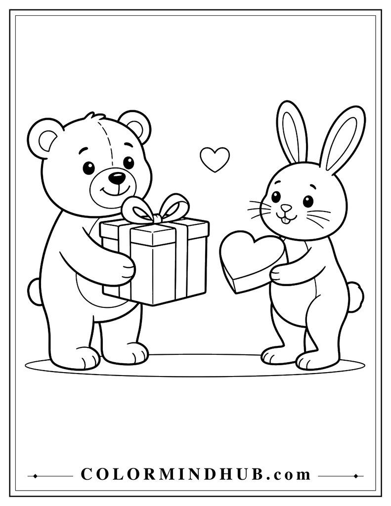 Teddy bear and bunny exchanging wrapped Valentine gifts, including a rectangular present and a heart-shaped gift box.