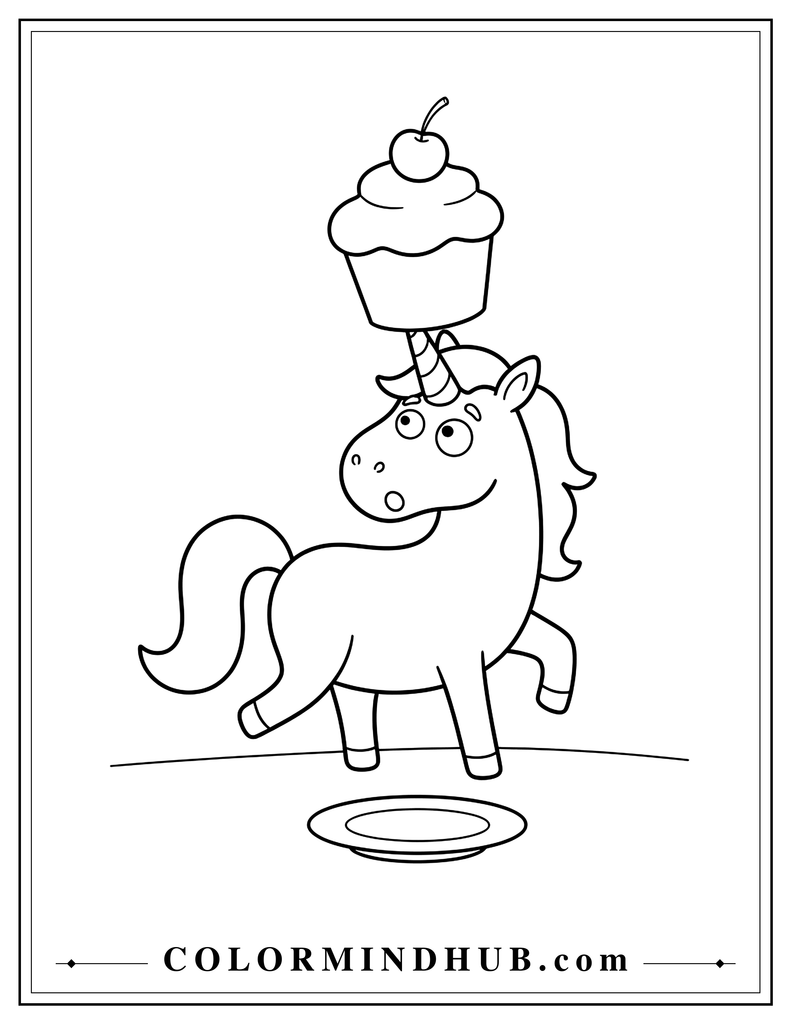 Funny cute unicorn trying to balance a large cupcake on its horn with a surprised expression, featuring a simple frosting swirl and large cherry, with a small plate on the ground.