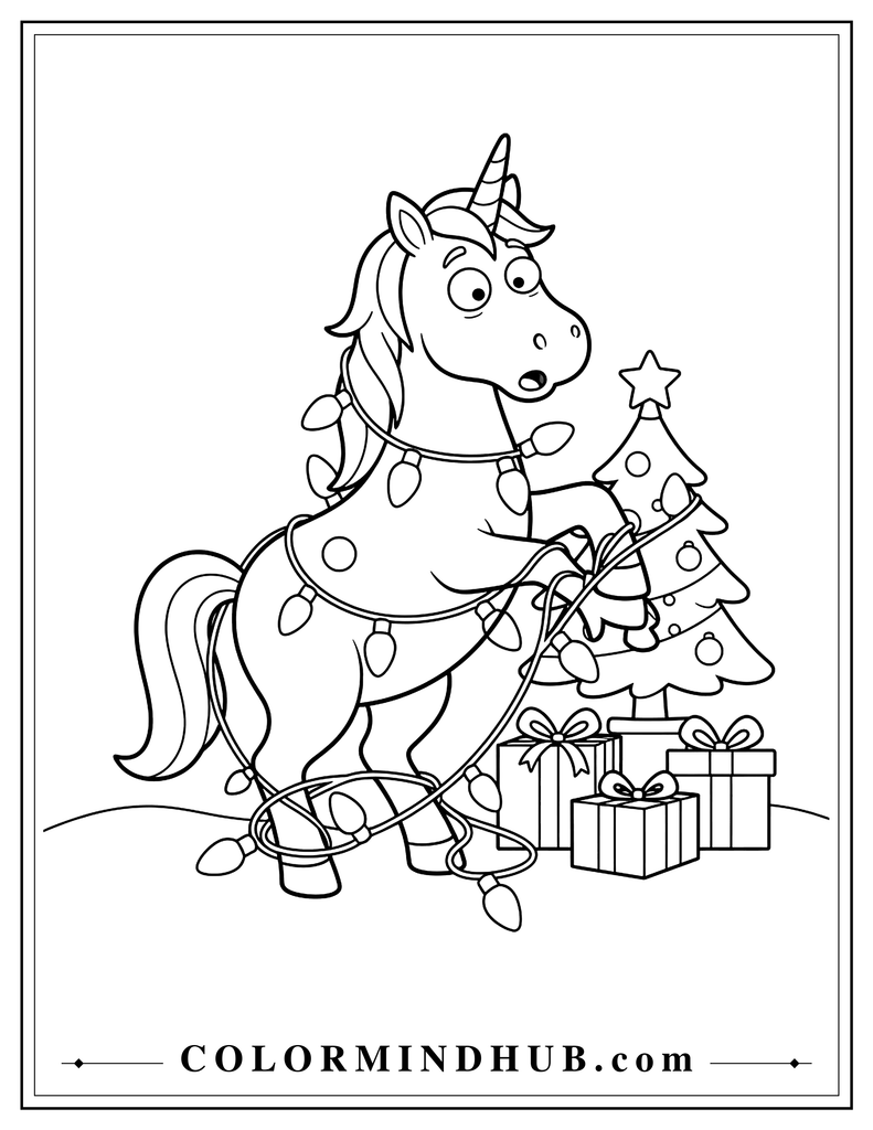 Funny unicorn accidentally tangled in a string of Christmas lights beside a small Christmas tree and wrapped presents, playful holiday coloring page