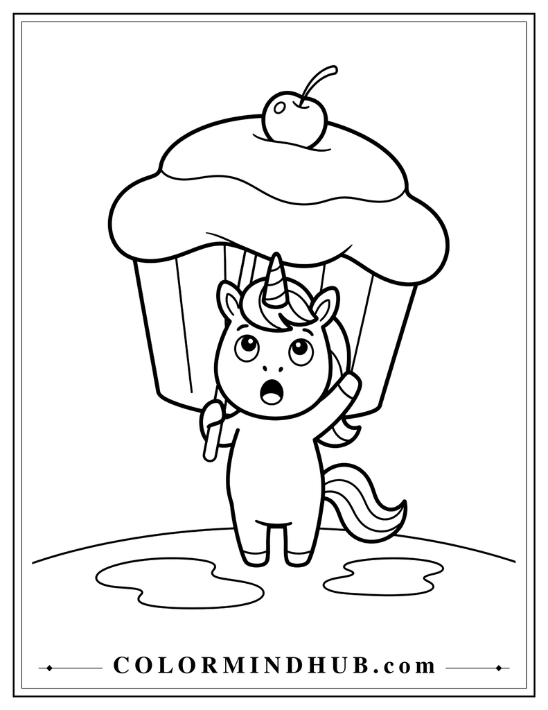 Funny cute unicorn standing under an enormous cupcake like an umbrella, looking upward with a surprised happy expression, with one or two simple puddles underneath.