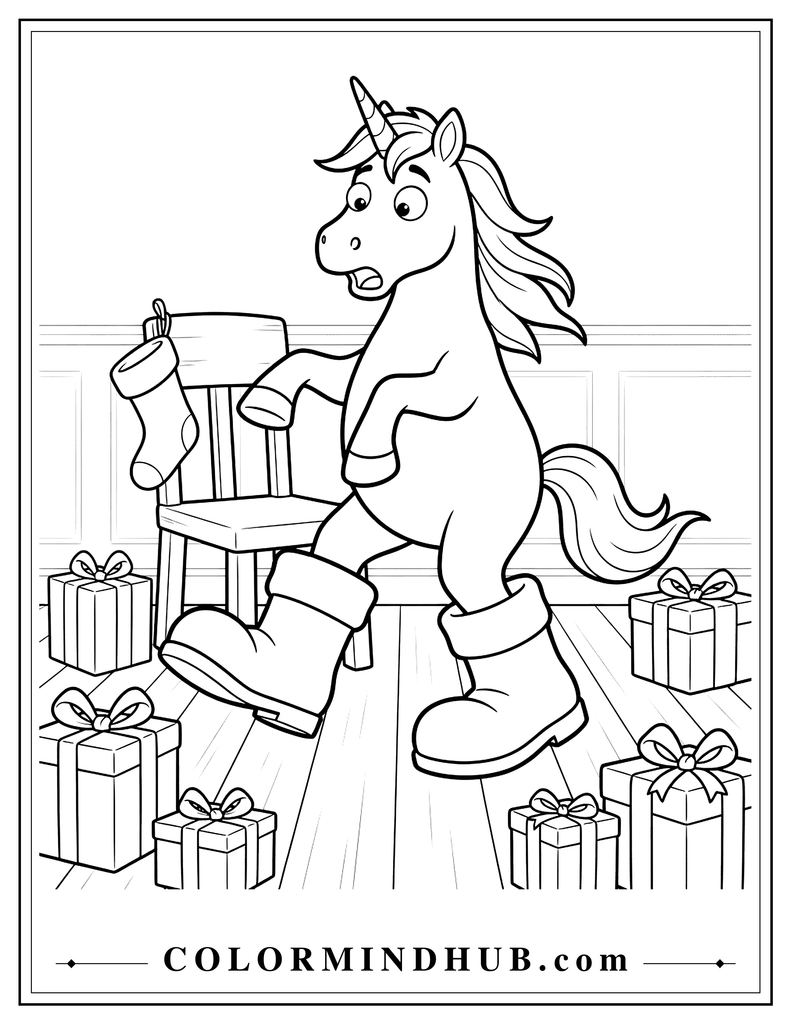 Funny unicorn trying to walk in oversized Santa boots with a surprised expression, surrounded by a Christmas stocking and wrapped presents, humorous holiday coloring page