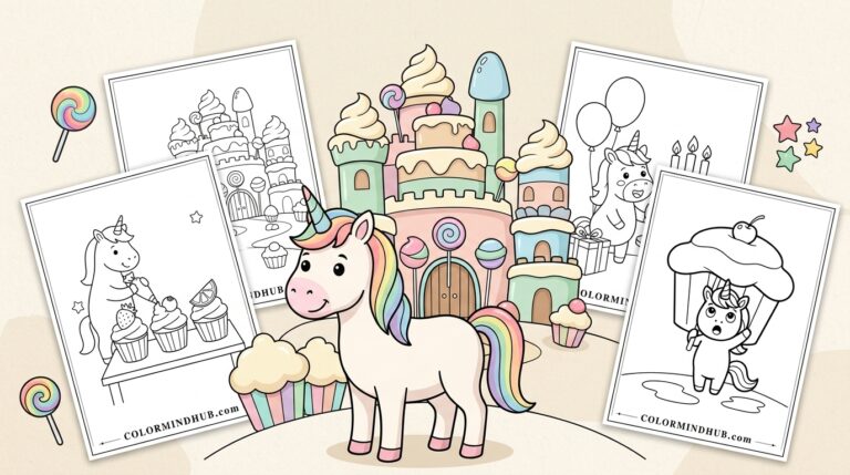 Featured image for Unicorn Cake and Cupcake Coloring Pages showing a colorful unicorn with cupcakes and a sweet castle in the center, surrounded by black and white printable unicorn and cupcake coloring sheets.