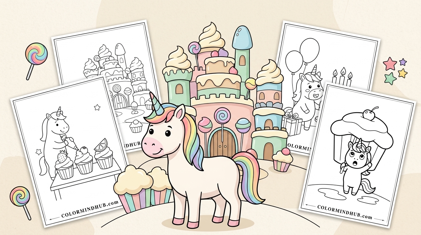 Featured image for Unicorn Cake and Cupcake Coloring Pages showing a colorful unicorn with cupcakes and a sweet castle in the center, surrounded by black and white printable unicorn and cupcake coloring sheets.