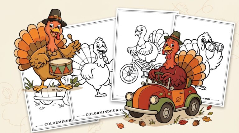 Thanksgiving coloring pages featuring a pilgrim turkey playing drums and a turkey driving a car, alongside black-and-white holiday sheet previews