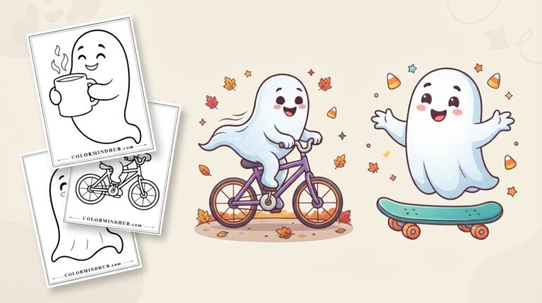 Halloween coloring pages featuring a happy ghost character riding a bicycle and another ghost skateboarding, and black-and-white ghost sheet previews