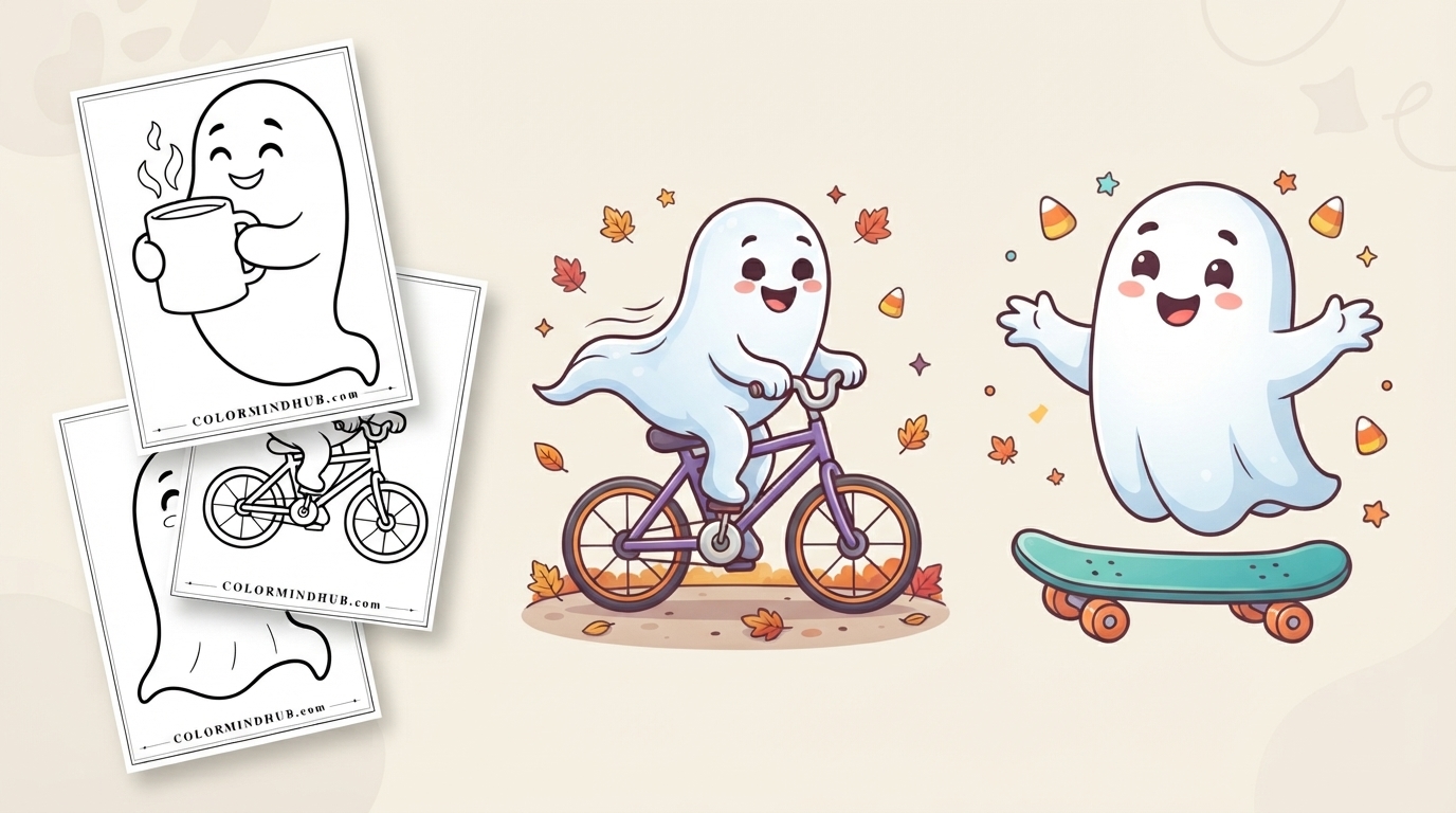 Halloween coloring pages featuring a happy ghost character riding a bicycle and another ghost skateboarding, and black-and-white ghost sheet previews