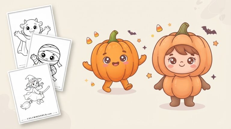 Cute Halloween coloring pages featuring a cute pumpkin character walking alongside a child in a full pumpkin costume, and black-and-white costumed child sheet previews