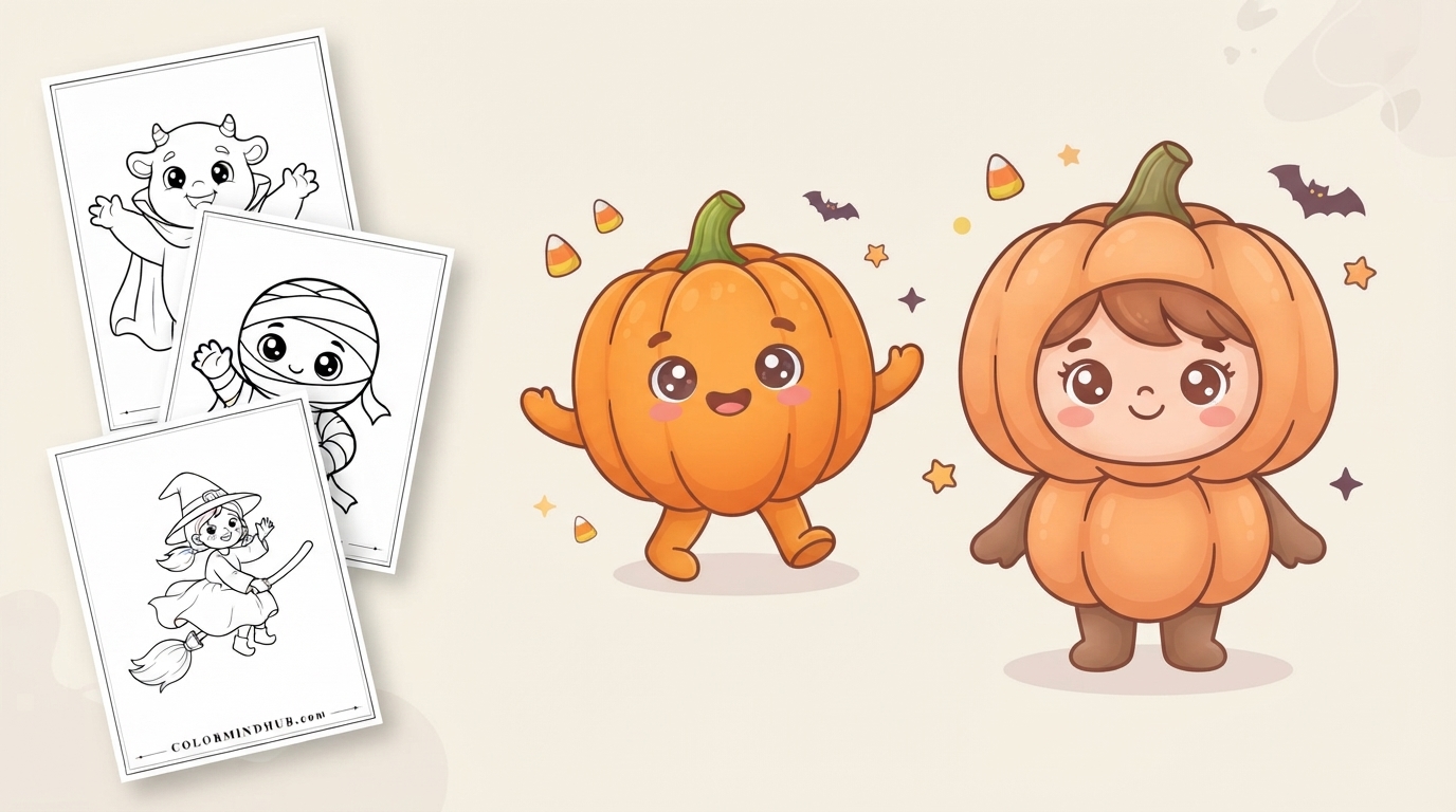 Cute Halloween coloring pages featuring a cute pumpkin character walking alongside a child in a full pumpkin costume, and black-and-white costumed child sheet previews