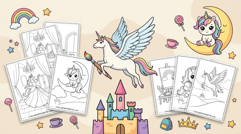 Printable Unicorn Coloring Pages collection showing a colorful flying unicorn, a fantasy castle, and various black and white outline coloring sheets.