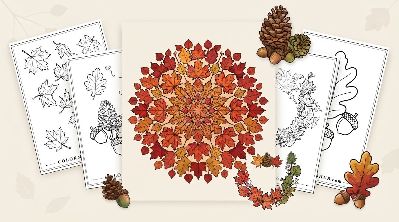 Fall coloring pages featuring an intricate mandala design made of autumn maple leaves, accompanied by pinecones and acorns, alongside black-and-white leaf pattern and wreath sheet previews