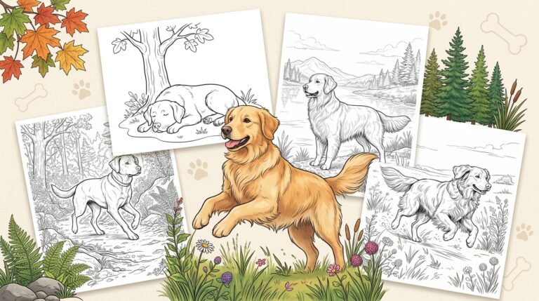 dog coloring pages featuring a golden retriever running through grass, and black-and-white nature scene sheet previews with a sleeping dog under a tree and dogs by a river