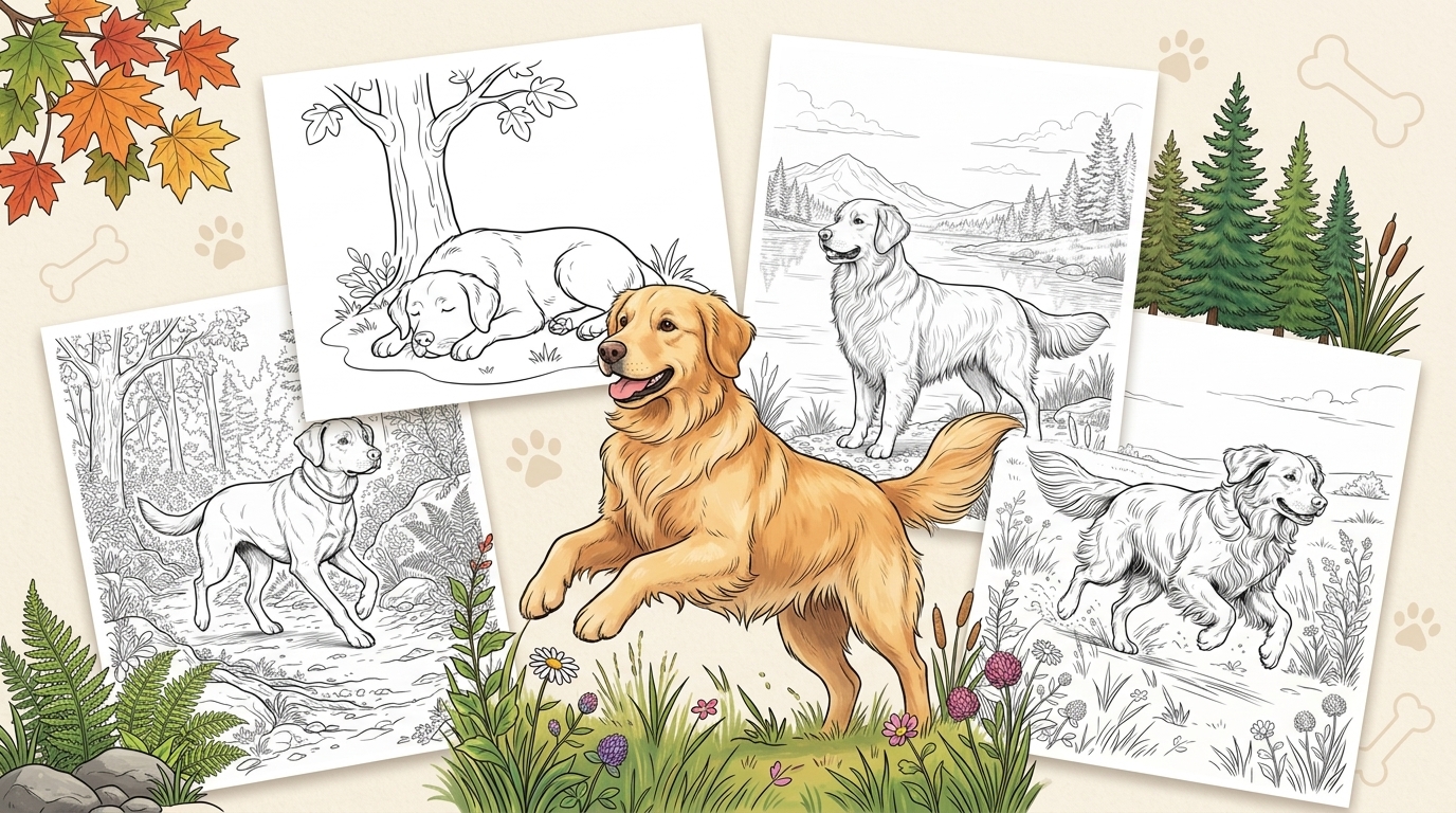 dog coloring pages featuring a golden retriever running through grass, and black-and-white nature scene sheet previews with a sleeping dog under a tree and dogs by a river