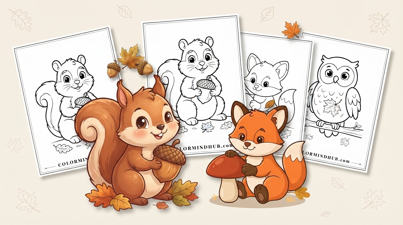 Fall coloring pages featuring a cute squirrel holding an acorn, a red fox sitting with a mushroom, and black-and-white squirrel and owl sheet previews
