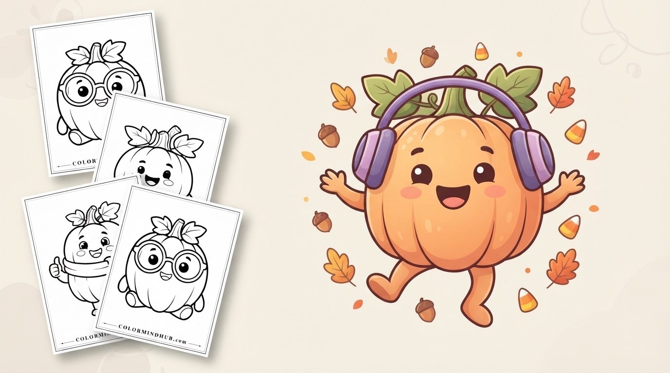 Cute Halloween coloring pages featuring a happy pumpkin character with headphones, surrounded by leaves and candy corn, and black-and-white pumpkin sheet previews