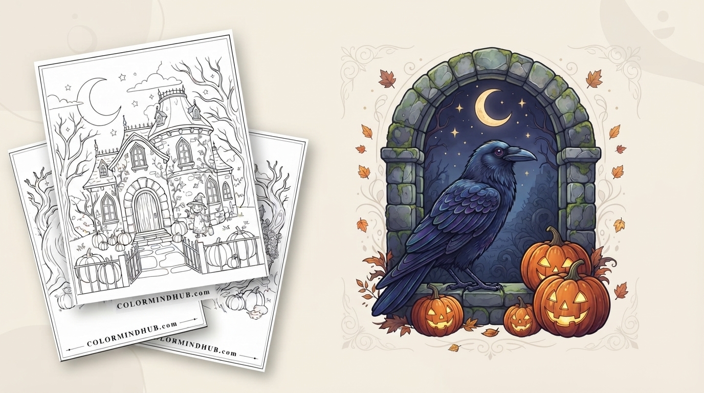 Halloween coloring pages featuring a crow perched on a tombstone under a crescent moon in a stone archway, flanked by jack-o'-lanterns, and black-and-white haunted house scene sheet previews