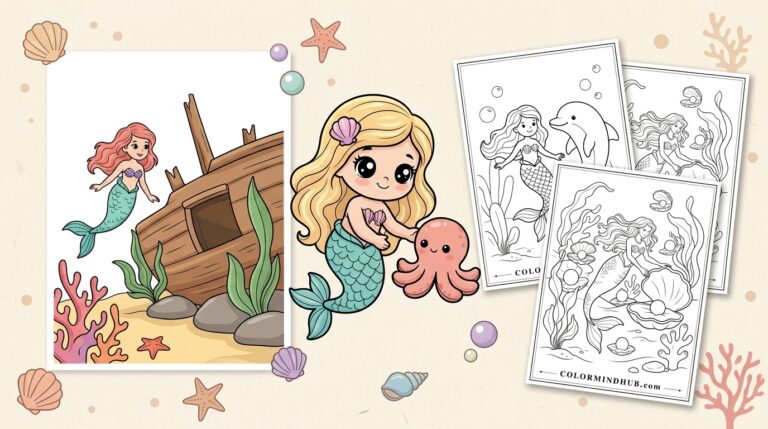 Featured image for Mermaid Coloring Pages featuring a cute blonde mermaid holding a pink octopus, a mermaid next to a shipwreck, and black and white printable mermaid coloring sheets.