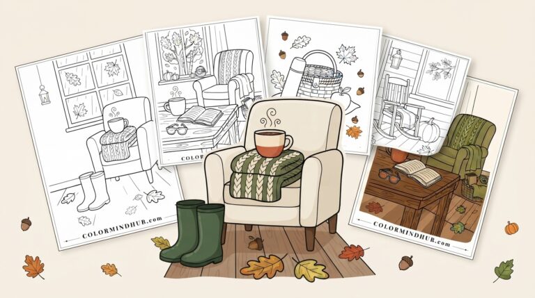Fall coloring pages featuring a cozy armchair with a knitted green blanket and a hot mug, rain boots, and a table with books, alongside black-and-white cozy autumn room sheet previews