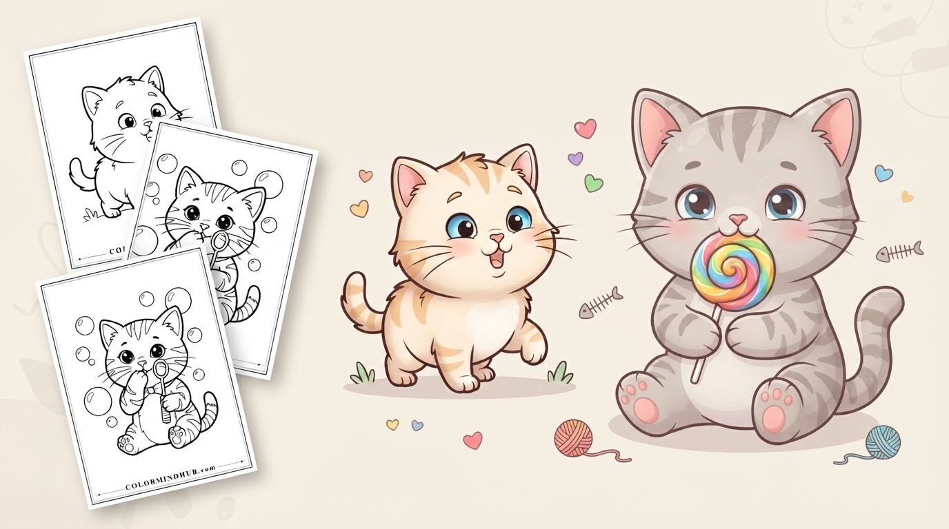 at coloring pages featuring a playful orange kitten walking, a grey tabby kitten holding a colorful lollipop, and black-and-white kitten playing with soap bubbles sheet previews
