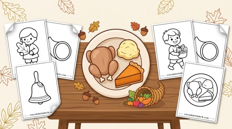 Easy Thanksgiving coloring pages featuring a plate with roasted turkey, mashed potatoes, and pumpkin pie, alongside black-and-white holiday meal sheet previews