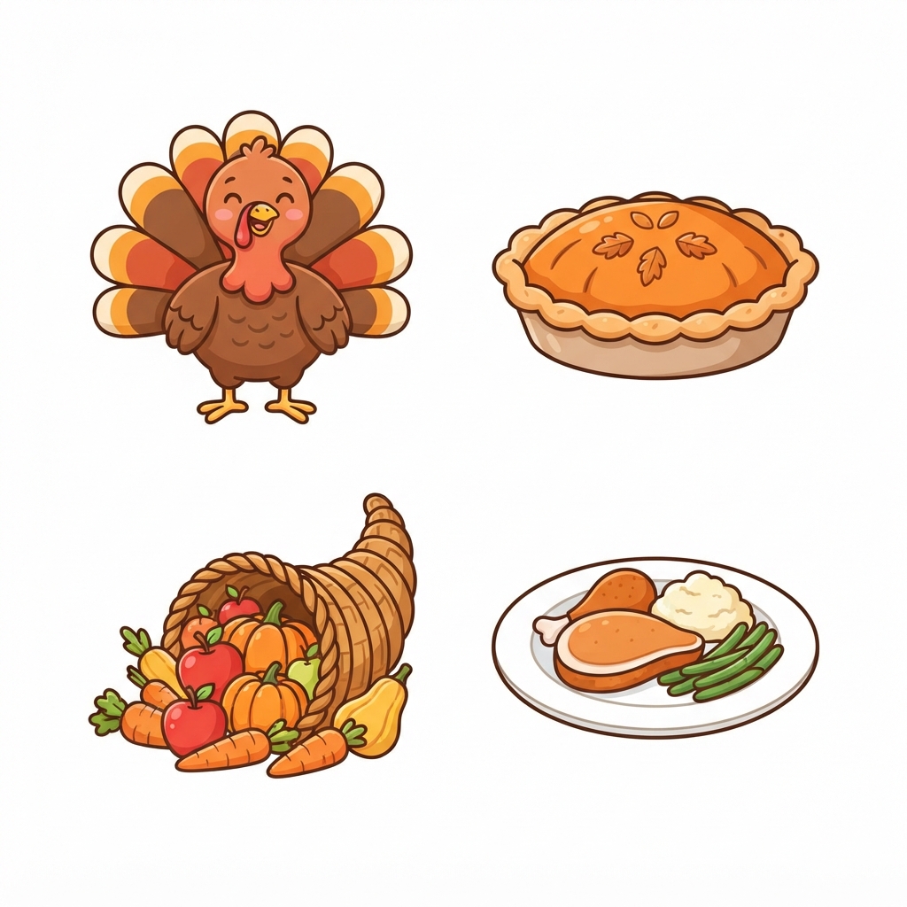 Thanksgiving coloring pages featuring a cute turkey, pumpkin pie, cornucopia, and Thanksgiving dinner plate