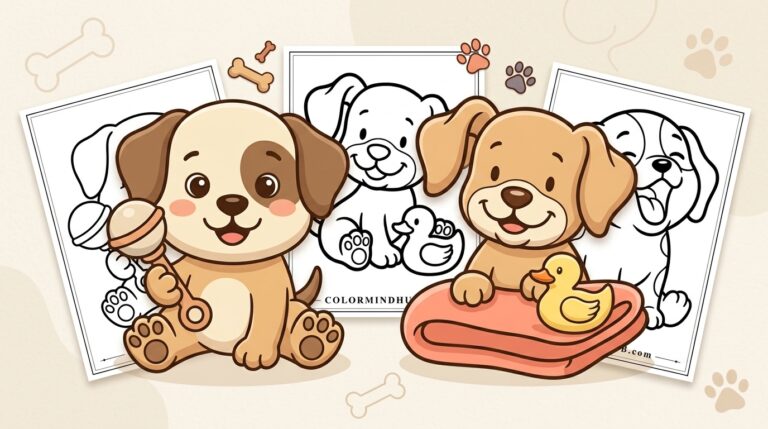 dog coloring pages featuring a puppy holding a rattle toy, another puppy sitting on a blanket with a yellow duck toy, and black-and-white puppy sheet previews