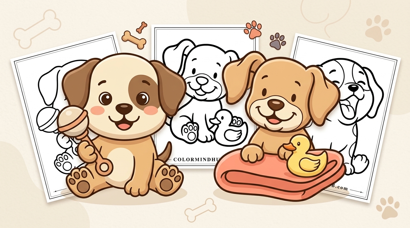 dog coloring pages featuring a puppy holding a rattle toy, another puppy sitting on a blanket with a yellow duck toy, and black-and-white puppy sheet previews