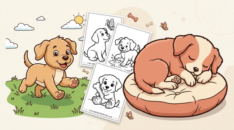Cute dog coloring pages featuring a running light-brown puppy on grass, a sleeping puppy curled up on a soft cushion, and black-and-white puppy sheet previews with a bone and butterfly