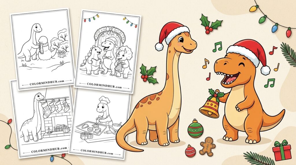 Cute dinosaurs wearing Santa hats celebrating Christmas with a bell and festive decorations, surrounded by printable black and white dinosaur Christmas coloring sheets.
