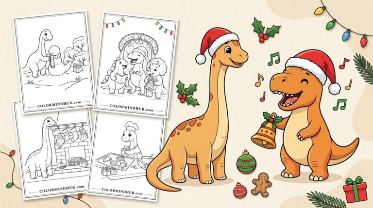 Cute dinosaurs wearing Santa hats celebrating Christmas with a bell and festive decorations, surrounded by printable black and white dinosaur Christmas coloring sheets.