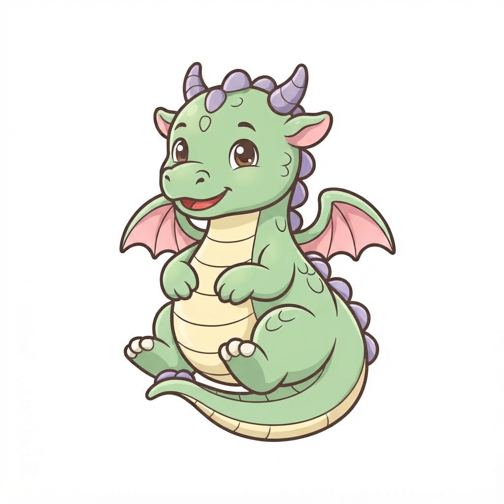 Small sitting green dragon with purple horns and pink wing membranes