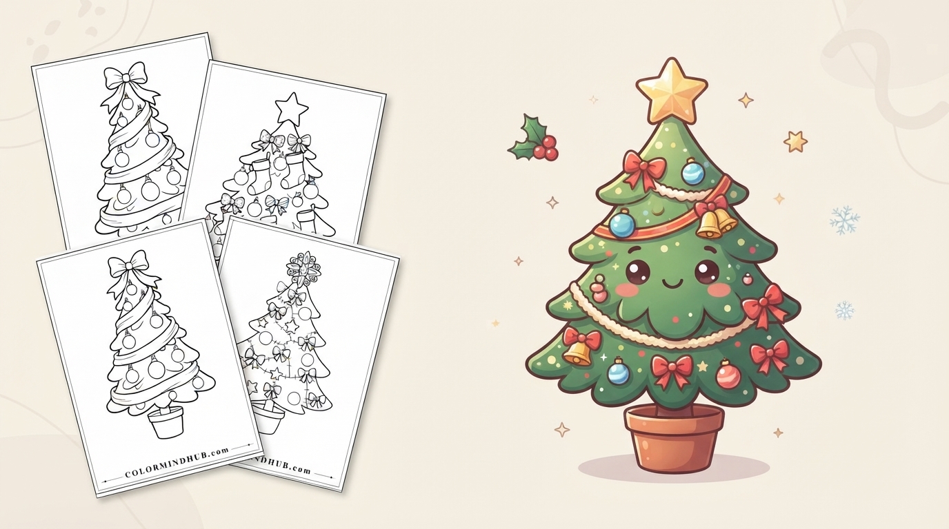 Christmas coloring pages featuring a smiling decorated Christmas tree in a pot, and black-and-white festive tree sheet previews with ornaments and bows
