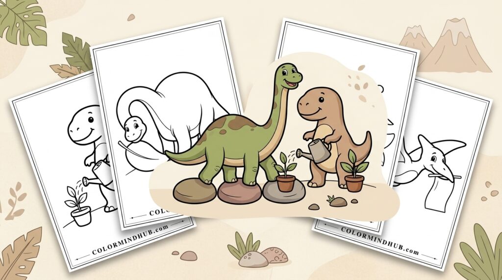 colorful dinosaurs watering plants in the center, surrounded by black and white dinosaur coloring sheets featuring a Brachiosaurus, a watering T-Rex, and a flying Pterodactyl.