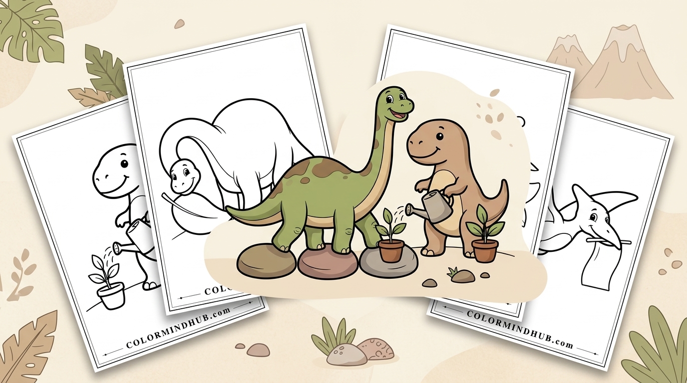 colorful dinosaurs watering plants in the center, surrounded by black and white dinosaur coloring sheets featuring a Brachiosaurus, a watering T-Rex, and a flying Pterodactyl.