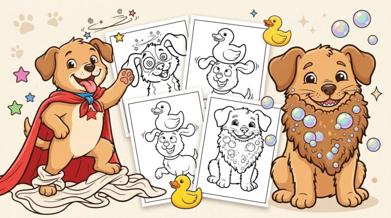 dog coloring pages featuring a puppy in a superhero cape, a bubbly soapy puppy, and black-and-white puppy previews with a duck and dizzy eyes